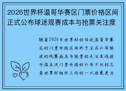 2026世界杯温哥华赛区门票价格区间正式公布球迷观赛成本与抢票关注度全面升温